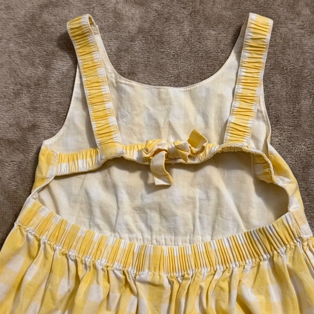 Gymboree Girls Yellow Gingham Cotton Dress Scalloped Eyelet Floral Back Bow